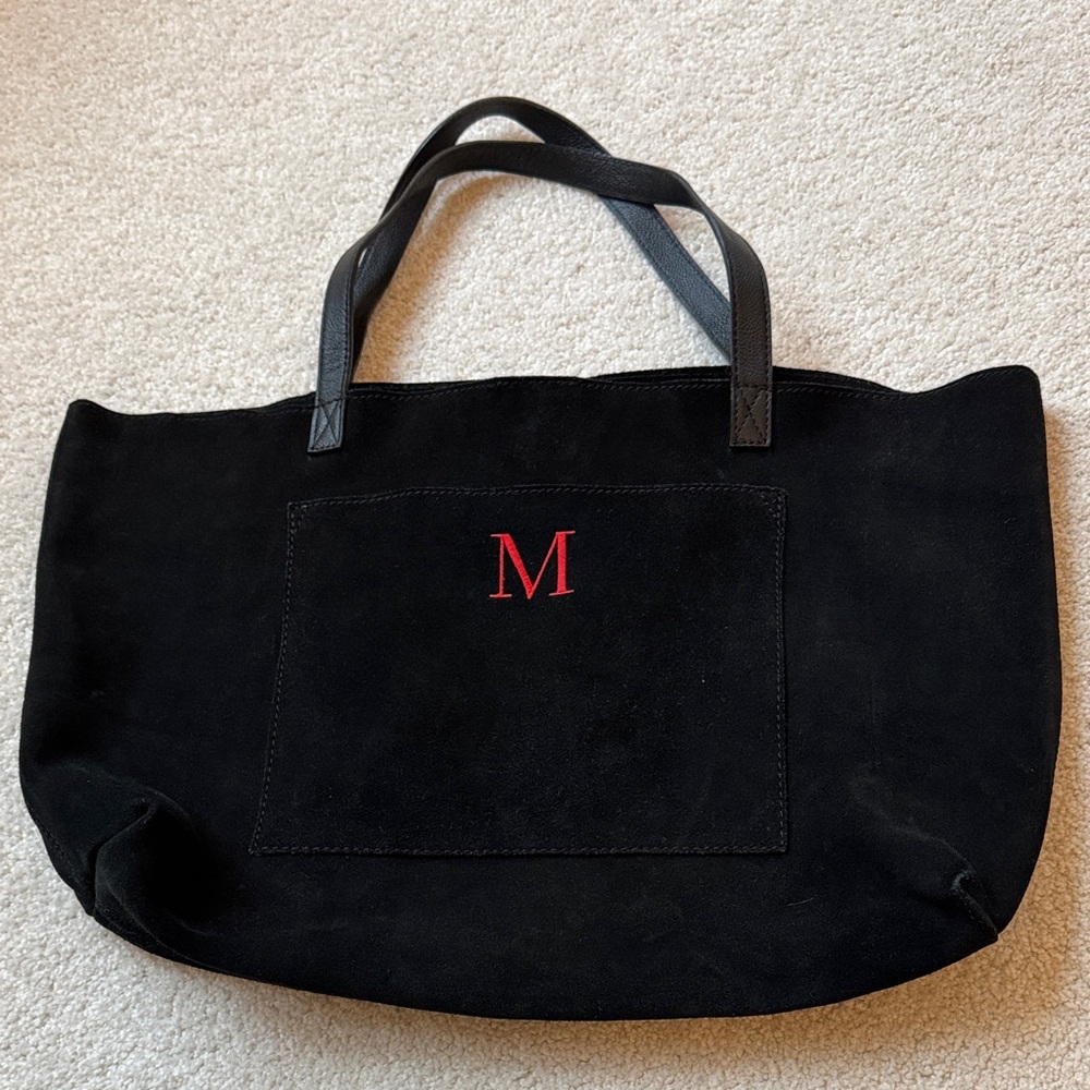 Mark & Graham Black Suede Tote with Red Monogram “M”